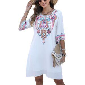 Women's Mexican Embroidered Boho Dress Cotton Plus Size Summer Festival